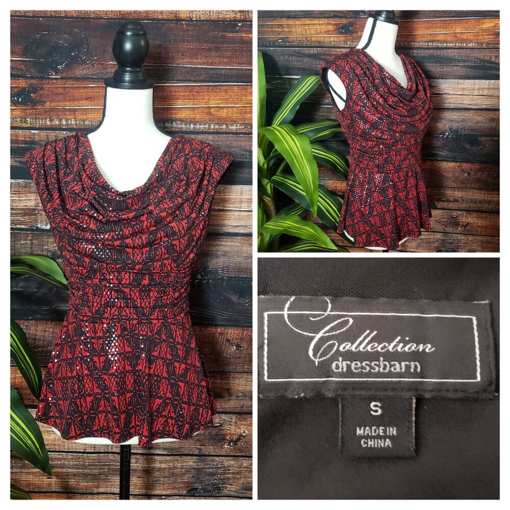 Dressbarn Collection S Top Cowl Neck Embellished Peplum Stretch